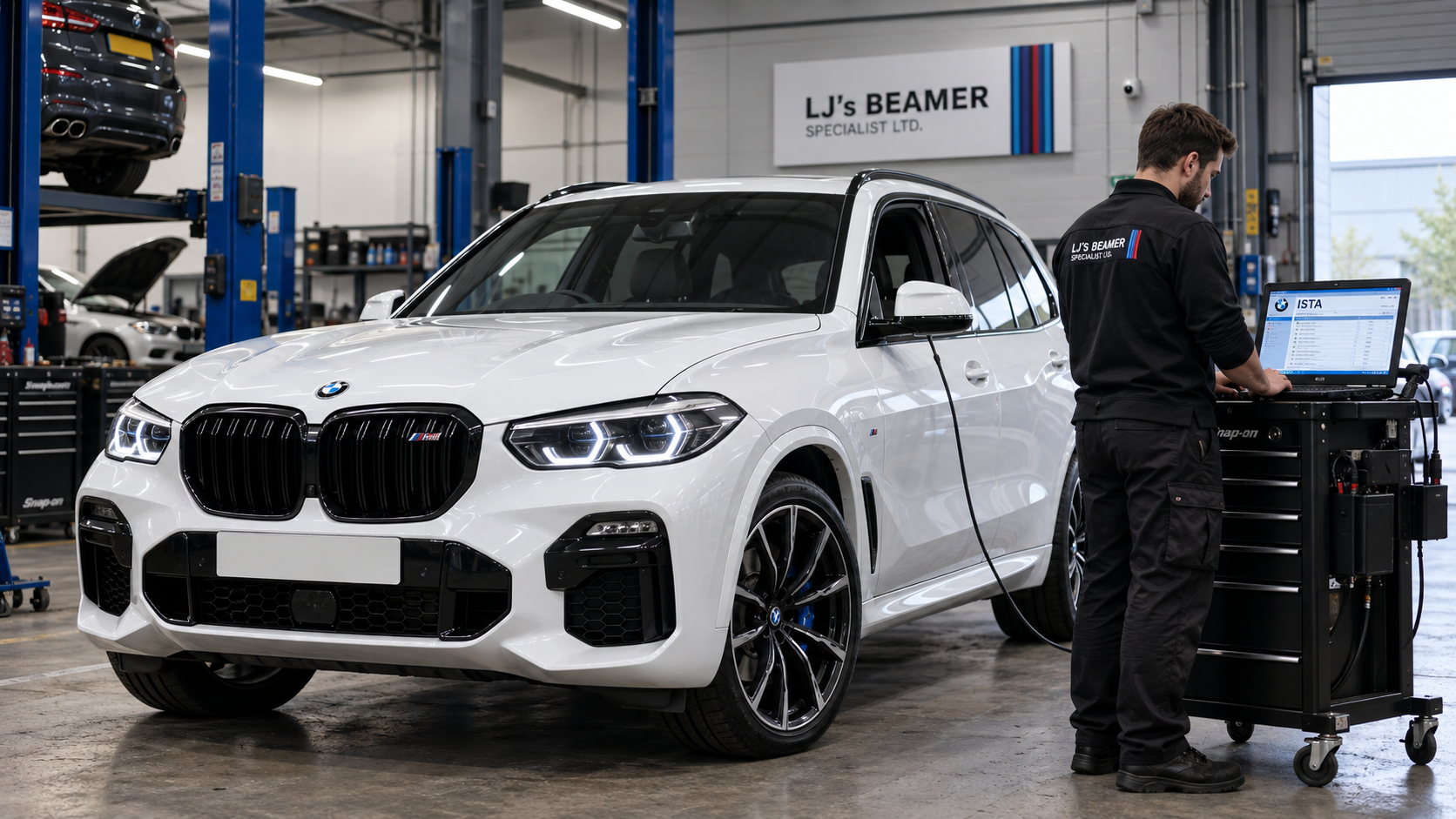 White BMW X5 undergoing specialist ISTA diagnostic testing in the LJ workshop