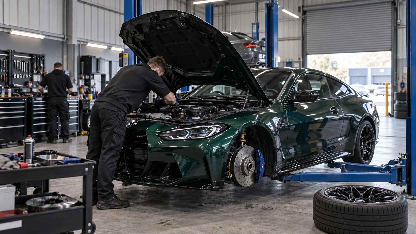 LJ-style independent BMW workshop with technicians working on a BMW M car