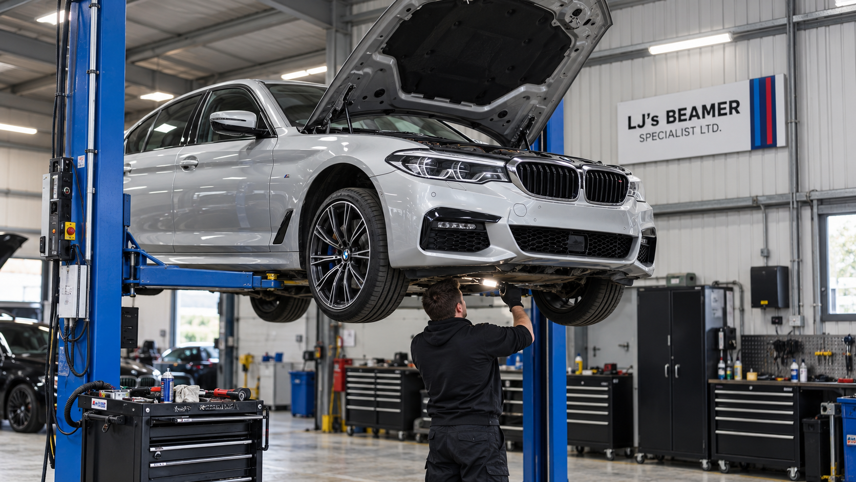 Silver BMW 5 Series being serviced on a lift beneath LJ's Beamer workshop signage