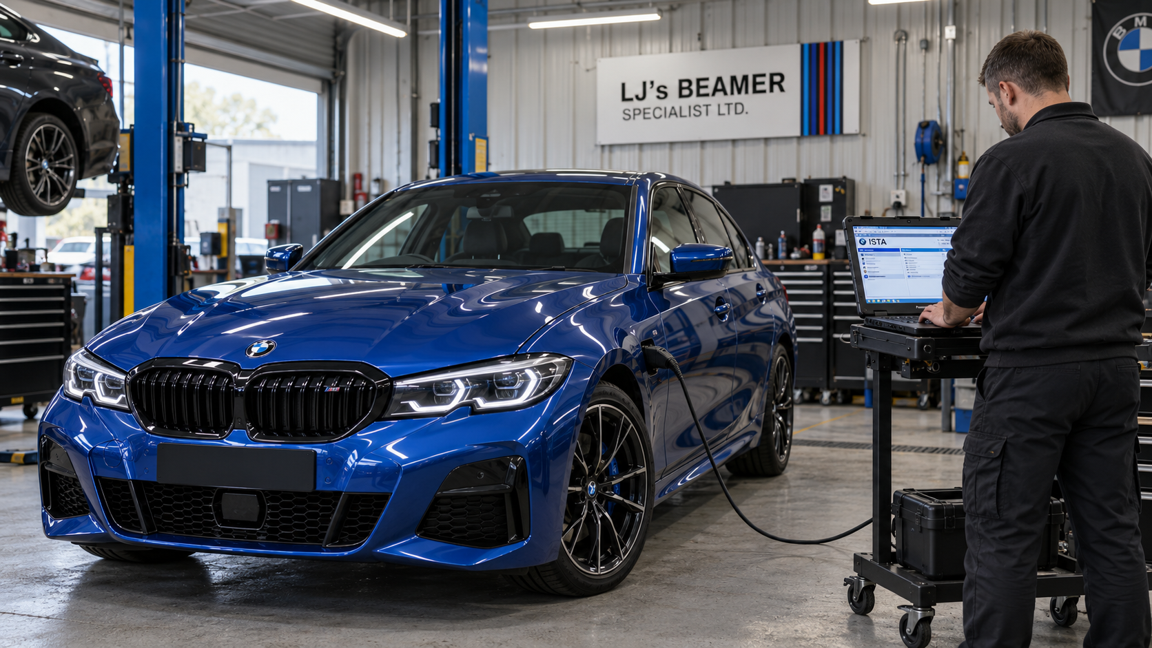 Blue BMW 3 Series connected to BMW ISTA programming equipment in the LJ workshop